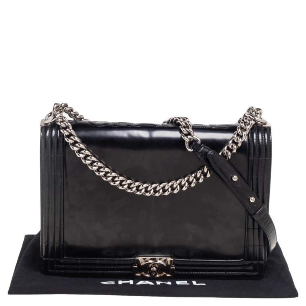 Large Chanel Black Patent Leather Boy Bag